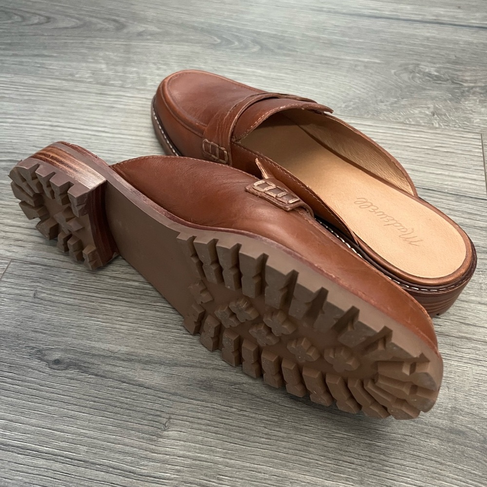 Madewell Brown Leather Slip-On Loafer Mules with lug sole - Picture 2 of 10